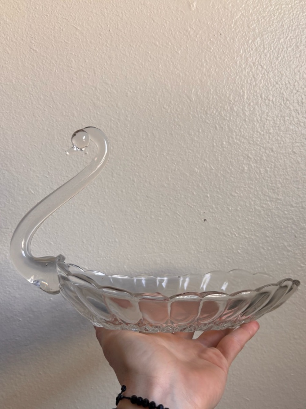 Blown Glass Swan Bowl, Delicate Scalloped Edge Candy Dish 10.5”